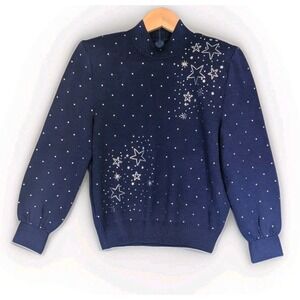 Vtg St John Evening Marie Gray Sz P Knit Sweater Blue Stars Studs USA Astrology